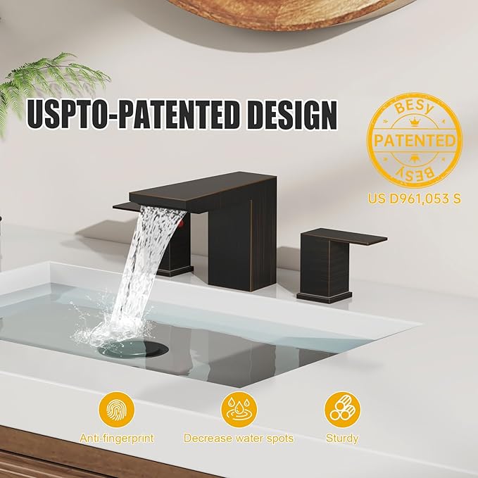 BESy Bronze Waterfall Bathroom Faucets 3 Hole Square 8 Inch Widespread Bathroom Sink Faucet Vanity 2 Handle Widespread for Restroom Sink with Pop Up Drain cUPC Supply Hose Oil Rubbed Bronze