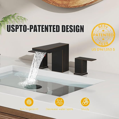 BESy Bronze Waterfall Bathroom Faucets 3 Hole Square 8 Inch Widespread Bathroom Sink Faucet Vanity 2 Handle Widespread for Restroom Sink with Pop Up Drain cUPC Supply Hose Oil Rubbed Bronze