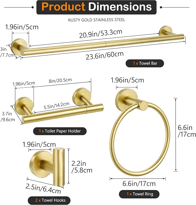 5 Piece Brushed Gold Bathroom Hardware Accessories Set, 24" Towel Bar Set | Bathroom Towel Rack Set with Wall Mounted SUS304 Stainless Steel , Double Post Toilet Paper Holder, Towel Ring & Robe Hooks