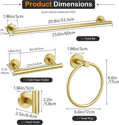 5 Piece Brushed Gold Bathroom Hardware Accessories Set, 24" Towel Bar Set | Bathroom Towel Rack Set with Wall Mounted SUS304 Stainless Steel , Double Post Toilet Paper Holder, Towel Ring & Robe Hooks