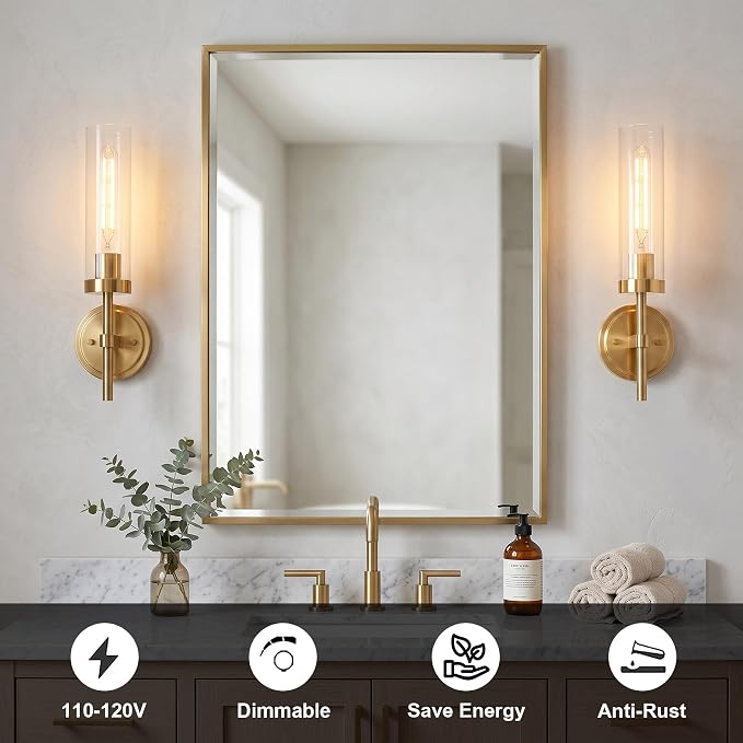 Hardwired Wall Sconces Set of Two, Brushed Gold Bathroom Sconces Wall Lighting Vanity Light Fixtures with Clear Glass, Brushed Brass Wall Decor Lights for Mirror Living Room Bedroom Hallway Stairwell