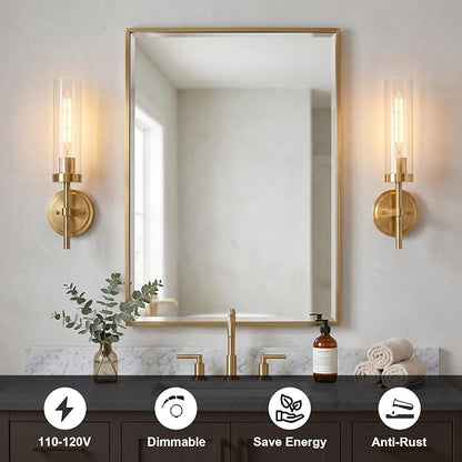 Hardwired Wall Sconces Set of Two, Brushed Gold Bathroom Sconces Wall Lighting Vanity Light Fixtures with Clear Glass, Brushed Brass Wall Decor Lights for Mirror Living Room Bedroom Hallway Stairwell