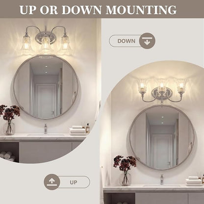 3-Light Vintage Bathroom Light Fixtures, Chrome | Vanity Lights Over Mirror with Floral Glass Shade for Bathroom Powder Room, Living Room Hallway