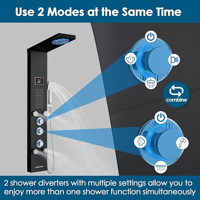 ROVOGO Led Shower Panel Tower System with Mist Rainfall Shower, Body Jets, Handheld and Tub Spout, Hydroelectric Led Lights and Temp Display No Battery Needed, Simultaneous Shower Column Black