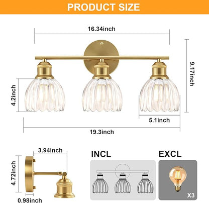 Bathroom Light Fixtures, 3-Light Brushed Gold Vanity Lights for Bathroom with Clear Tulip Glass Shade, 20" Vintage Bathroom Vanity Lighting Fixtures Over Mirror for Bedroom Living Room Hallway