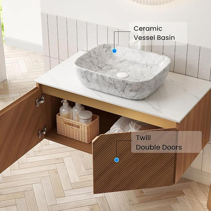 Floating Bathroom Vanity with Sink, 36" Bathroom Storage Cabinet with Sintered Stone Countertop & Marble-Pattern Ceramic Basin, Wall-Mounted Vanity with 2 Twill Pattern Doors, Brown Oak