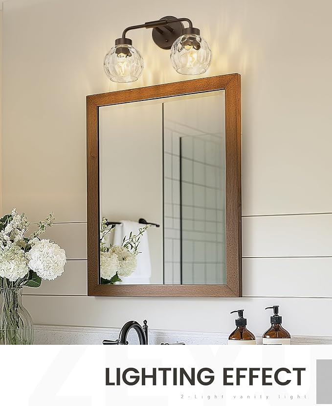 zeyu 2-Light Bathroom Vanity Light, Farmhouse Wall Sconce Lighting with Water Ripple Globe Glass, Oil Rubbed Bronze Finish, ZS62BG-2W ORB-WG