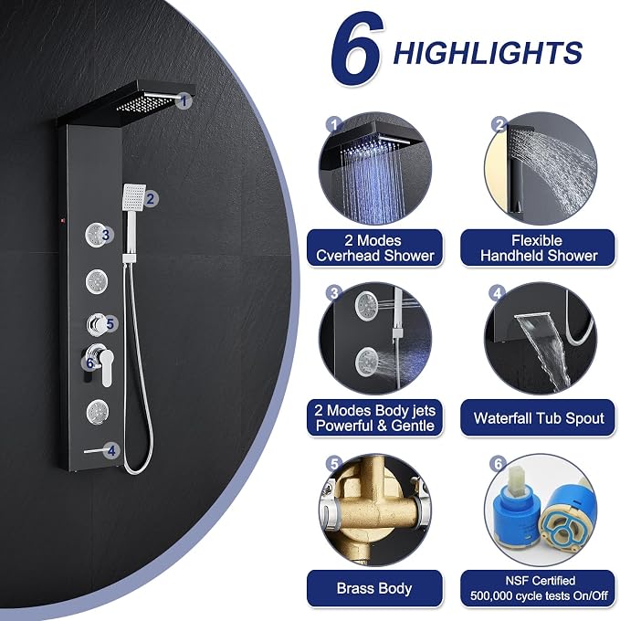 ROVATE 6 in 1 LED Rainfall Waterfall Shower Panel Tower System, Black | Stainless Steel Shower Column with Tub Spout, Rainfall Waterfall Shower Head, 2-Setting Massage Body Jets, Flexible Handheld