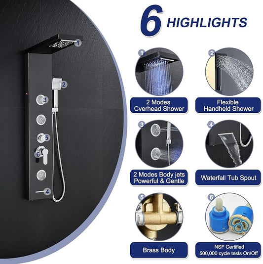 ROVATE 6 in 1 LED Rainfall Waterfall Shower Panel Tower System, Black | Stainless Steel Shower Column with Tub Spout, Rainfall Waterfall Shower Head, 2-Setting Massage Body Jets, Flexible Handheld