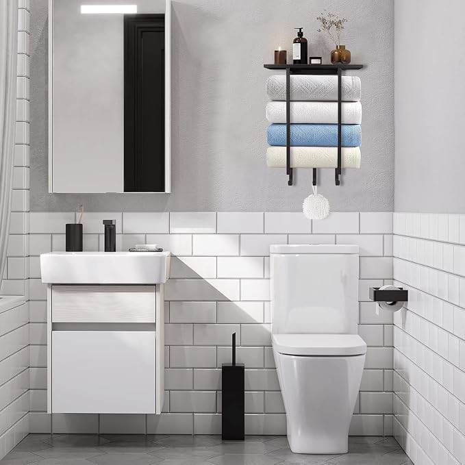 ELITEROO Towel Holder for Bathroom Wall, Wooden Towel Rack Shelf | Hanging Towel Organizer with 3 Hooks for Small Bathroom Storage, Bath Rolled Towel Shelf for RV, Camper, Black