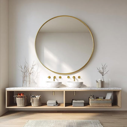 Large Round Mirror 38 inch, Gold Circle Mirror, Brushed Metal Frame | Brushed Gold Metal Frame, High Definition, Waterproof, Easy Installation, Suitable for Dressing Room, Cloakroom, Bedroom,