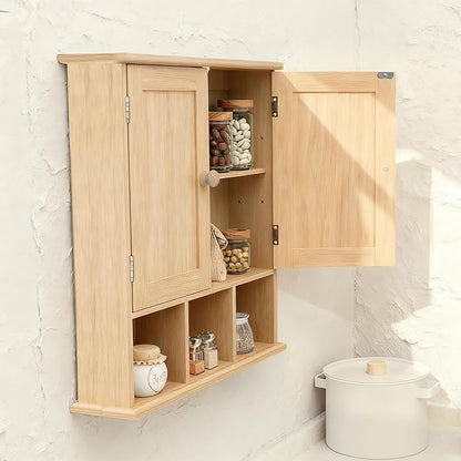 TaoHFE Natural Wooden Color Bathroom Wall Cabinet with 2 Door Adjustable Shelves,Over The Toilet Storage Wall Mounted Medicine Cabinets for Bathroom Laundry Room Kitchen