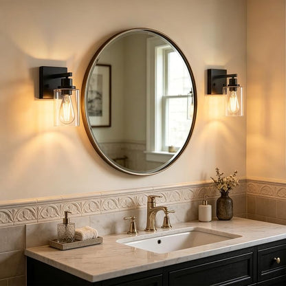 Wall Sconces Set of Two Matte Black Vanity Lights for Bathroom Indoor | Modern Wall Light Fixtures, Sconce Lights with Clear Glass, Farmhouse Lamp for Bedroom, Living Room, Mirror, Hallway E26 Base
