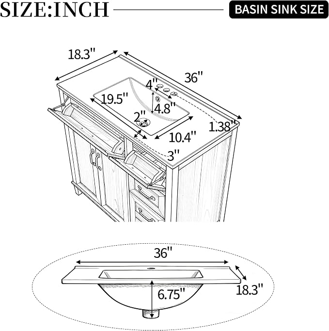 36 Inch Bathroom Vanities with Undermount Ceramic Sink, Storage Cabinet with Soft Closing Doors and Three Drawers, Solid Wood Frame, Natural Wood
