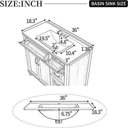 36 Inch Bathroom Vanities with Undermount Ceramic Sink, Storage Cabinet with Soft Closing Doors and Three Drawers, Solid Wood Frame, Natural Wood