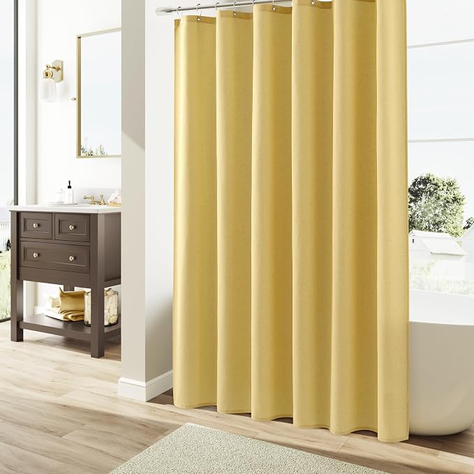 Yellow Linen Shower Curtain, Country Boho Farmhouse Bath Decor Shower Curtains Neutral Cloth Weighted Textured Fabric Bath Curtain Liner with Hooks, 72x72