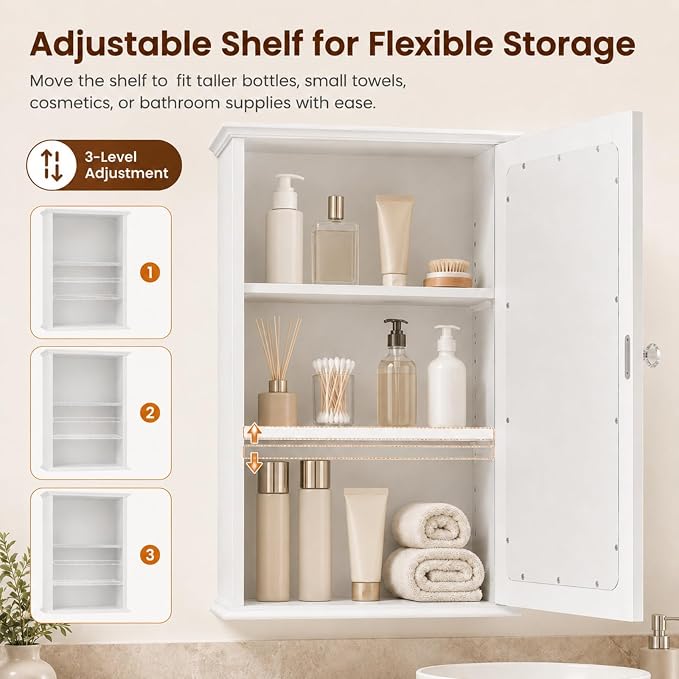 Bonnlo White Mirrored Medicine Cabinet - Wall Mounted Bathroom Storage Organizer with Single Door, 2 Adjustable Shelves & Magnetic Lock, Small Vanity Cabinet for Over the Toilet/Sink