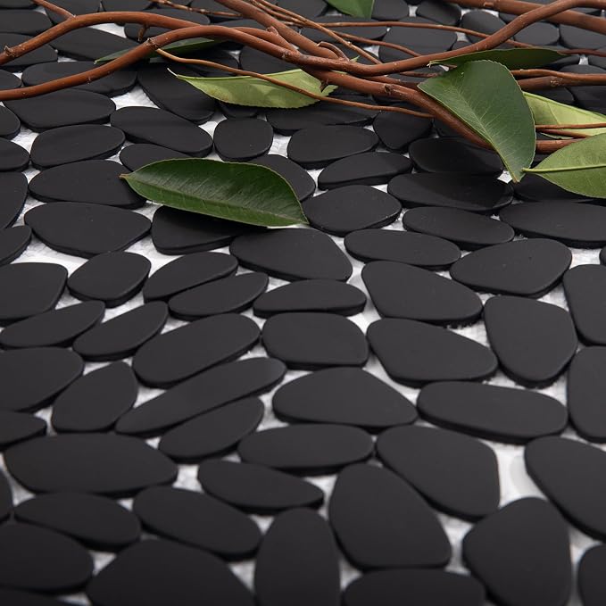 Pebble Tile for Shower Floor, Black Long Oval Pebble Mosaic Backsplash for Kitchen Bathroom Wall and Floor Tile and Outdoor Areas, 5 Sheets