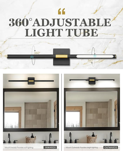 24 Inch Bathroom Light Fixtures, 16W 3CCT Dimmable CRI90 Black and Gold LED Vanity Lighting Fixtures Over Mirror, 360° Rotatable Modern Bathroom Vanity Light Bar, AD-W9465-L60-BK
