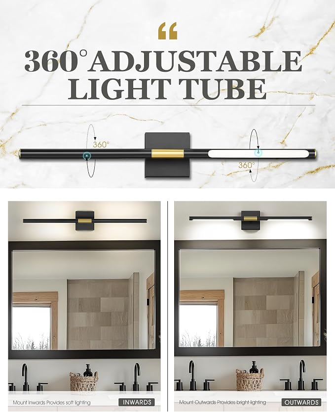 40 Inch Bathroom Light Fixtures, 24W 3CCT Dimmable Black and Gold LED Vanity Lighting Fixtures Over Mirror, 360?Rotatable Modern Bathroom Vanity Light Bar, AD-W9465-L100-BK