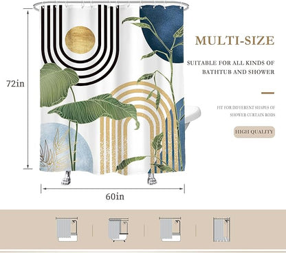 Glawry Navy Blue Boho Shower Curtain Abstract Light Blue Mid Century Tropical Plant Minimalist Modern Bathroom Mid Century 60Wx72L Inches Bath Accessories Art Home Decor Fabric 12 Pack Hook