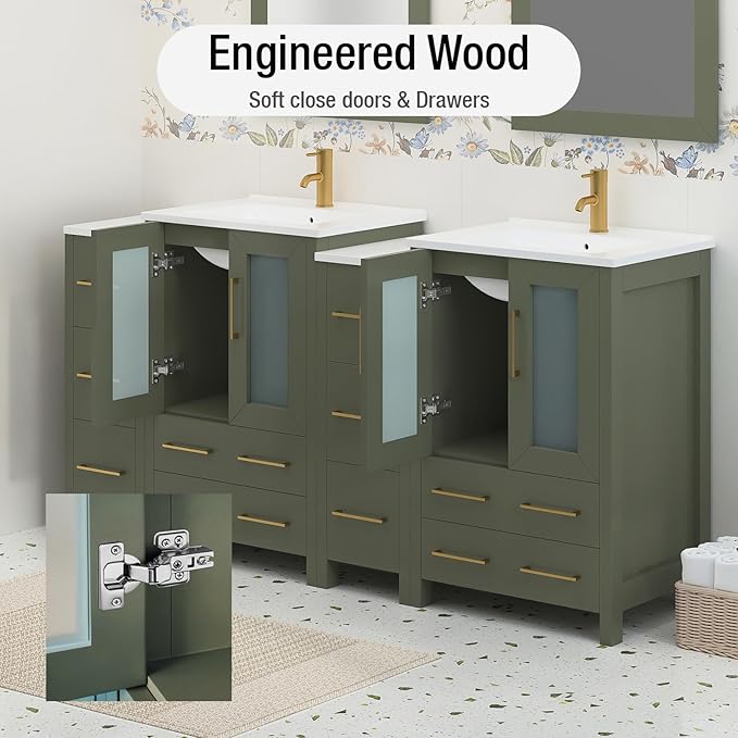HOMEBEYOND 72 Inch Modern Bathroom Vanity with Sink & Mirror, Double Sink Vanity Cabinet with Basin and Mirror, Dove-Tailed Drawers, Soft-Closing Doors, Wood, Vintage Green