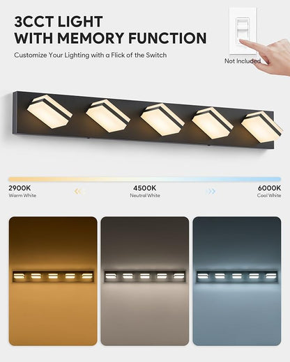 VONLUCE LED Modern Bathroom Vanity Light Fixture, Matte Black | 34'', 5-Light, 3CCT, 360° Rotate, High CRI, Flicker-free, Dimmable, Memory Function, Waterproof IP44, Easy Installation