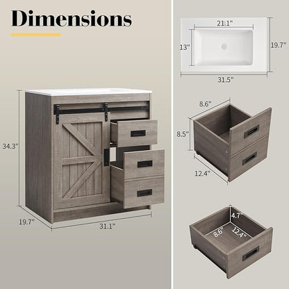 31" Farmhouse Sliding Barn Door Bathroom Vanity with Sink Combo, Bathroom Vanity Cabinet with Drawers & Metal Handles, Freestanding, Gray