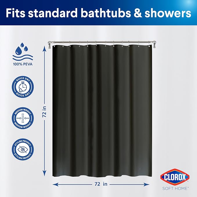 Clorox Shower Curtain Liner, Premium Medium Weight Flexible Waterproof 6g PEVA for Bathroom with Weighted Magnets, Standard Size 72" x 72", Black 1 Pack