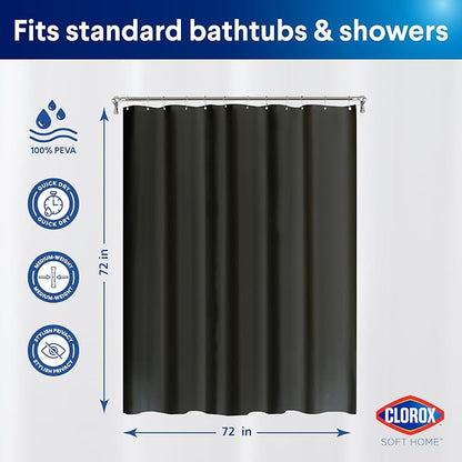 Clorox Shower Curtain Liner, Premium Medium Weight Flexible Waterproof 6g PEVA for Bathroom with Weighted Magnets, Standard Size 72" x 72", Black 1 Pack