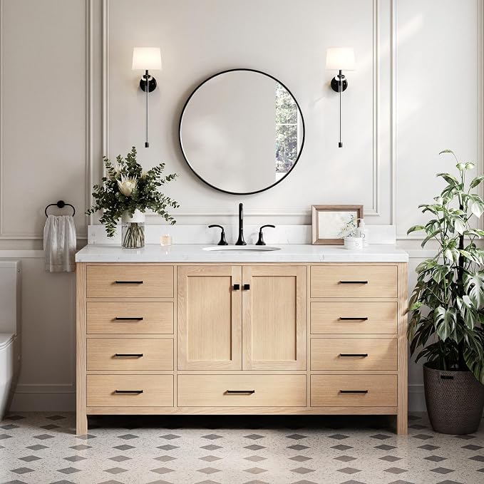 ARIEL Cambridge 66-inch Bathroom Vanity Base Cabinet,Solid Wood, 2 Soft Closing Doors, 9 Dovetail Drawers, White Oak