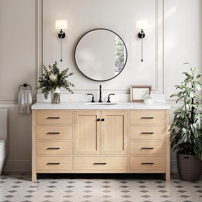 ARIEL Cambridge 66-inch Bathroom Vanity Base Cabinet,Solid Wood, 2 Soft Closing Doors, 9 Dovetail Drawers, White Oak
