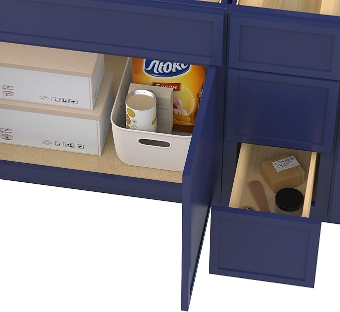 HomeBeyond 90 Inches Bathroom Vanity Base Cabinet Without Sink, Double Sink Top Sturdy Floor Mounted Cabinet with Door & Soft Closing Drawers, Blue, VA4139-2+VA4112-3