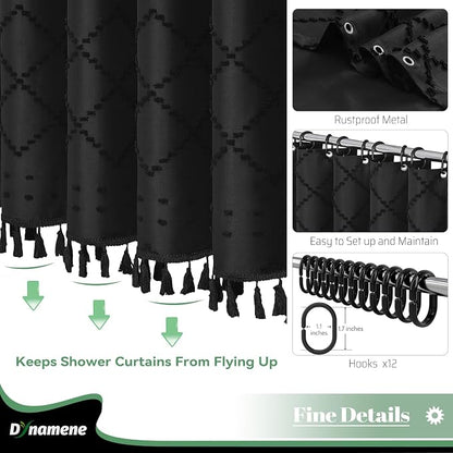 Long Boho Farmhouse Shower Curtain Tufted Geometric 72"x80" Black | 80 Inch Tall, Elegant Tassel, Lightweight Textured Fabric, Water Repellent, Washable, Hotel Spa, for Bathroom/Dorm 12 Hooks