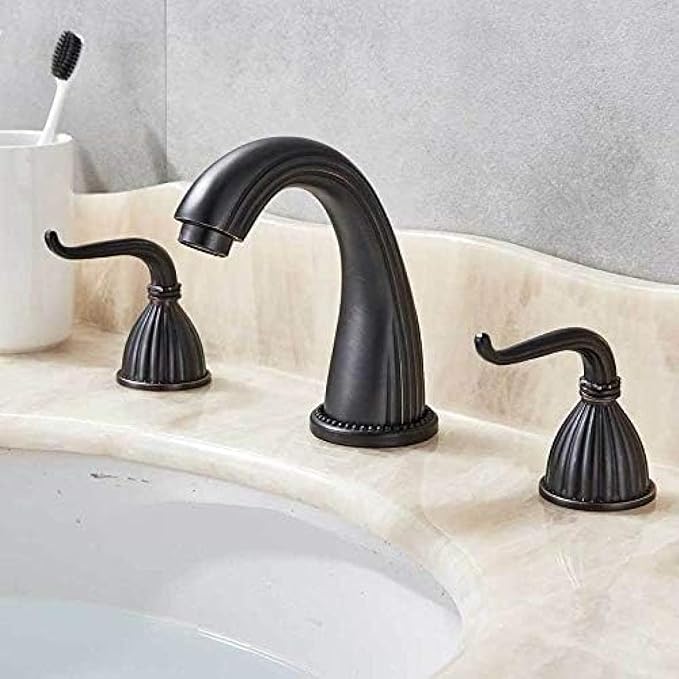 Basin Faucet Deck Mounted Bathroom Mixer Crane Dual Handle 3 Hole Cold and Hot Washing Tap-Antique Brass,Gold(Black Bronze)