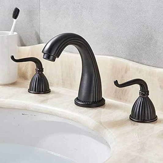 Basin Faucet Deck Mounted Bathroom Mixer Crane Dual Handle 3 Hole Cold and Hot Washing Tap-Antique Brass,Gold(Black Bronze)