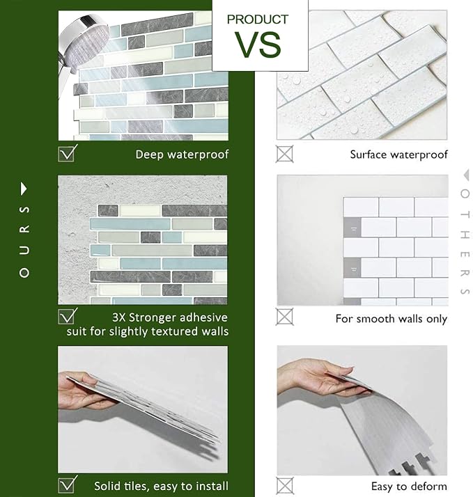 STICKGOO Thicker Design Peel and Stick Tile Backsplash, 12”×12”Stick on Backsplash for Kitchen, Self Adhesive Tile for Kitchen Backsplash and Bathroom(10 Sheets, Grey&Blue)