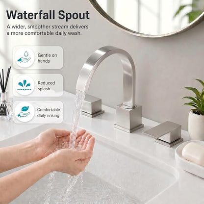 Widespread Brushed Nickel Bathroom Faucets, Waterfall Nickel Stainless Steel Bathroom Faucet for Sink 3 Hole, Vanity Lavatory Faucets with Drain & Water Hoses, 8 Inch, Lead-Free, 360° Swivel