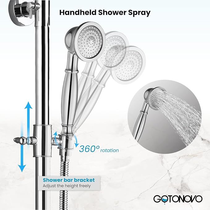 gotonovo Exposed Shower System with Shelf 2 Cross Handle Polished Chrome | Bathroom Brass Shower Faucet Set,8’’ Rainfall Head with Handheld Sprayer,SUS304 Shelf,6’’ Hole Distance,Adjustable Height