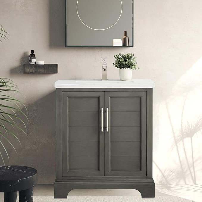 HOMEBEYOND 30 Inch Bathroom Vanity with Single Sink & Ceramic Top, Vanity Cabinet with Center Countertop Basin, Soft-Closing Doors,Sliver Grey