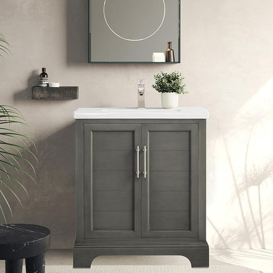 HOMEBEYOND 30 Inch Bathroom Vanity with Single Sink & Ceramic Top, Vanity Cabinet with Center Countertop Basin, Soft-Closing Doors,Sliver Grey
