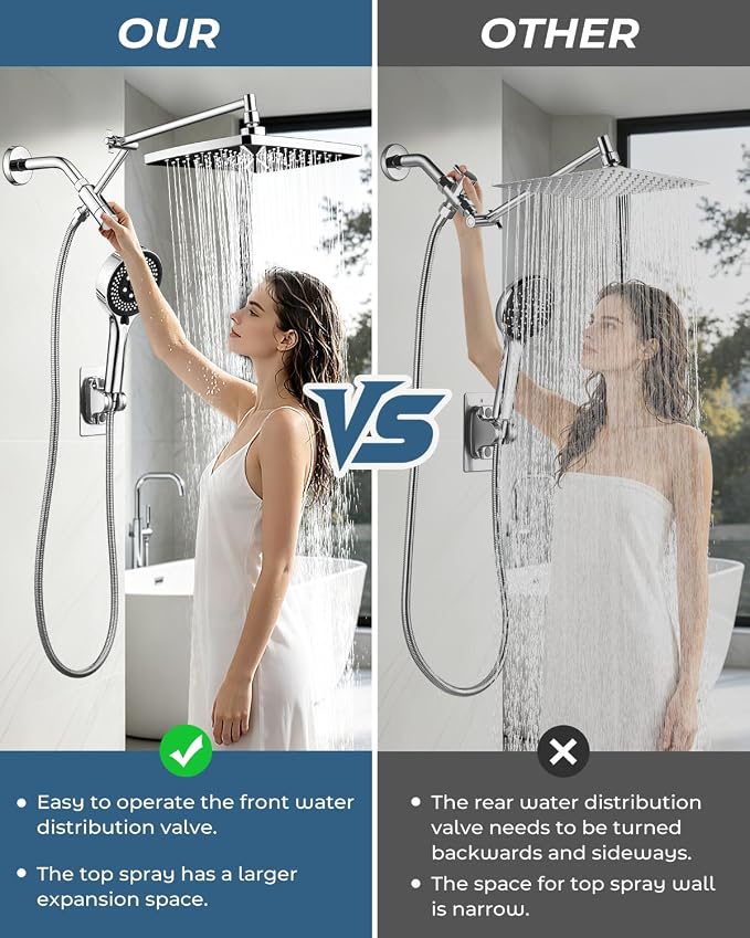 Shower Head with Handheld,High Pressure Chrome Rain Shower Head | Regaderas Para Shower,11.8" Rectangular,Rainfall Shower Head,Dual Shower Head,Bathroom Decor,Extension Arm,7 Spray Mode