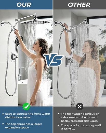 Shower Head with Handheld,High Pressure Chrome Rain Shower Head | Regaderas Para Shower,11.8" Rectangular,Rainfall Shower Head,Dual Shower Head,Bathroom Decor,Extension Arm,7 Spray Mode