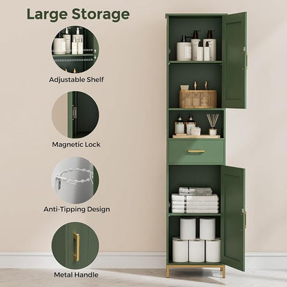 Homhedy 67" H Bathroom Storage Cabinet, Tall Bathroom Cabinet, Green | Narrow Cabinet with Doors and Drawer, Adjustable Shelves, Floor Cabinet for Bathroom, Living Room, Kitchen, Dining Room