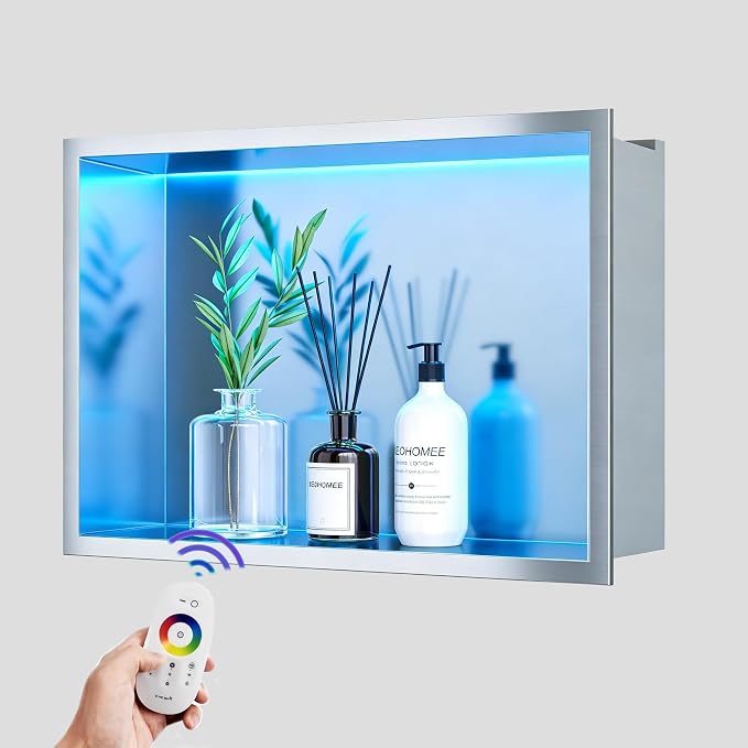 18X12 RGB Shower Niche, Brushed Nickel Stainless Steel LED Wall Niche, No Tile Needed Wall Cabinet for Bathroom Storage Built-in Installation