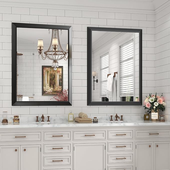 SMIROR 40x38 Matte Black Bathroom Vanity Mirror for Over Sink | Metal Wide Frame, Rectangle, Right- Angle Corner, Anti-Rust, Horizontally or Vertically Wall- Mounted for Home Remodel