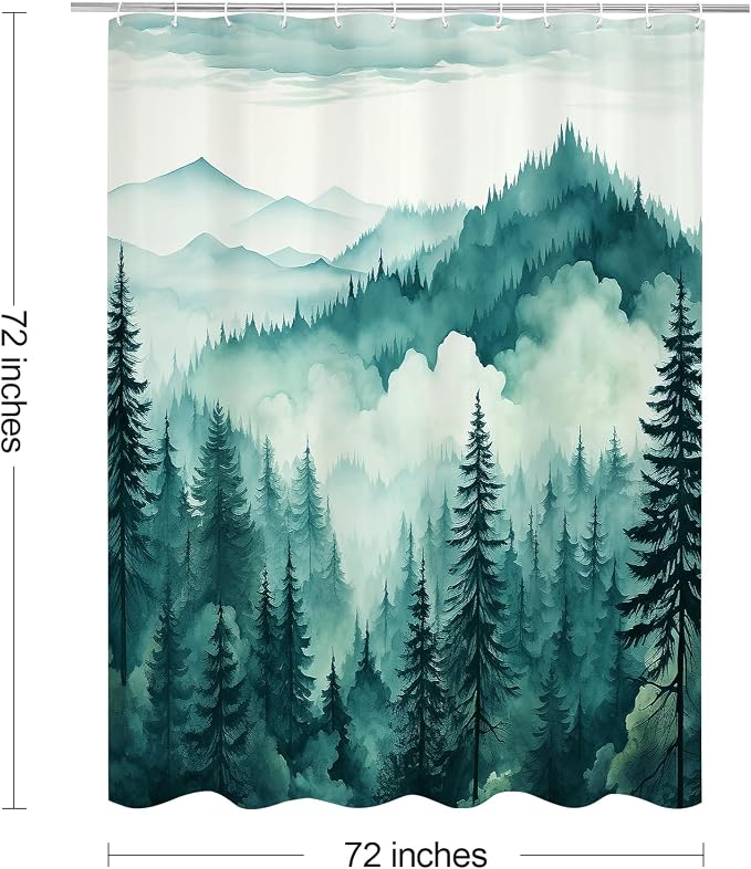 Litabel Teal Blue Misty Pine Forest Shower Curtain, Mountain Foggy Woodland Scenery Tree Shower Curtains for Chic Rustic Bathroom, Turquoise Abstract Waterproof Nature-Themed Decor, 72x72 Inches