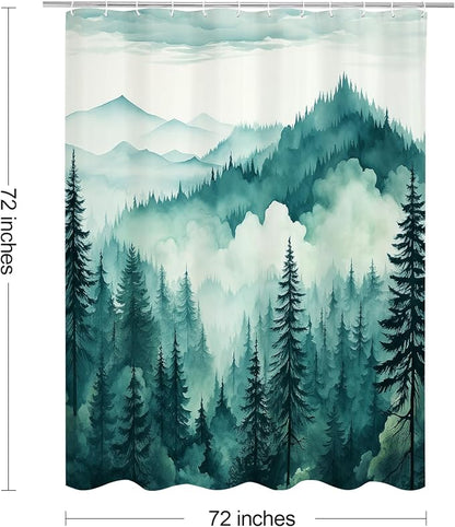 Litabel Teal Blue Misty Pine Forest Shower Curtain, Mountain Foggy Woodland Scenery Tree Shower Curtains for Chic Rustic Bathroom, Turquoise Abstract Waterproof Nature-Themed Decor, 72x72 Inches