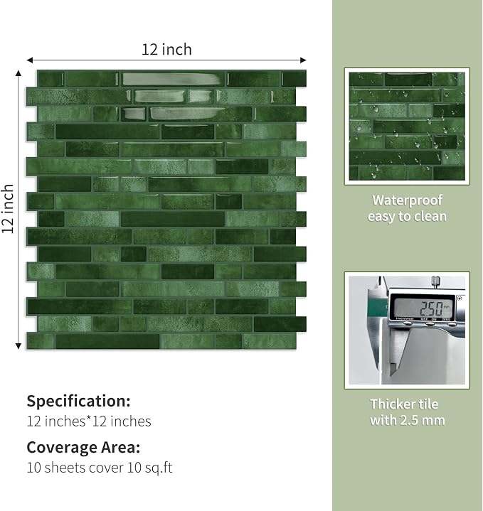 10 Sheets Thick Peel and Stick Kitchen Backsplash Tiles | 3D Waterproof Self Adhesive Wall Tile Stick on Backsplash for Kitchen,Bathroom and Fireplace(Green,12"×12")