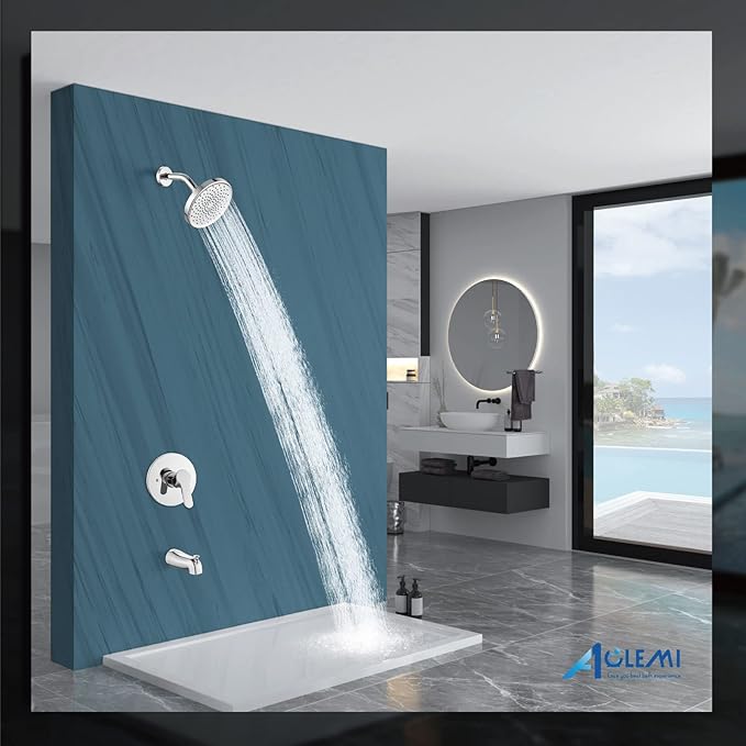Aolemi Tub Shower Faucet Set With Valve Wall Mount Shower Trim Kit 6 Inch Bathtub Fixtures Rough-in Valve Single-Spray Shower Head System 5.3 Inch Tub Spout Polish Chrome Modern